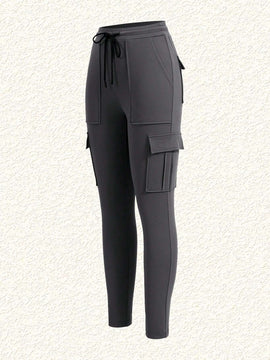 EZwear Pantalones De Carga Ajustados De Punto Gris Para Mujer Con Bolsillos