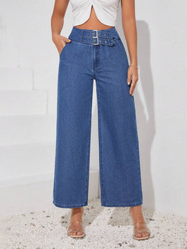 Essnce Jeans holgados de pierna ancha para mujer con boton a presion y diseno de bolsillos en la cintura