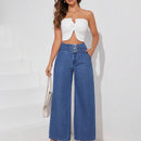 Essnce Jeans holgados de pierna ancha para mujer con boton a presion y diseno de bolsillos en la cintura