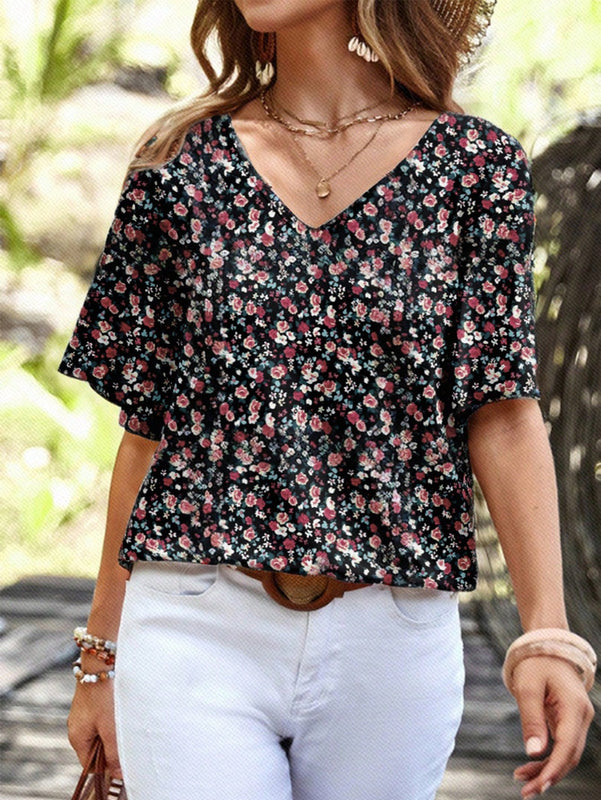 EMERY ROSE Camiseta de manga corta con cuello redondo para mujer con patron de estampado floral para verano