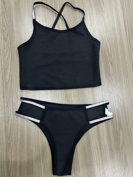 Conjunto de sujetador y bragas sin alambre con banda delgada cruzada y lentejuelas brillantes para un soporte ligero y una mayor comodidad