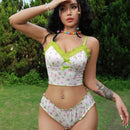Conjunto De Lenceria De 2 Piezas Para Mujeres: Bralette Estampado Floral Sin Alambre Y Panties Triangulares Con Adornos De Encaje (temporada De Bodas)