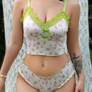 Conjunto De Lenceria De 2 Piezas Para Mujeres: Bralette Estampado Floral Sin Alambre Y Panties Triangulares Con Adornos De Encaje (temporada De Bodas)