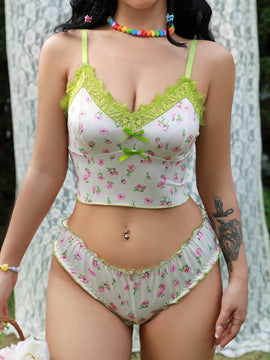 Conjunto De Lenceria De 2 Piezas Para Mujeres: Bralette Estampado Floral Sin Alambre Y Panties Triangulares Con Adornos De Encaje (temporada De Bodas)