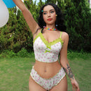 Conjunto De Lenceria De 2 Piezas Para Mujeres: Bralette Estampado Floral Sin Alambre Y Panties Triangulares Con Adornos De Encaje (temporada De Bodas)