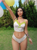 Conjunto De Lenceria De 2 Piezas Para Mujeres: Bralette Estampado Floral Sin Alambre Y Panties Triangulares Con Adornos De Encaje (temporada De Bodas)