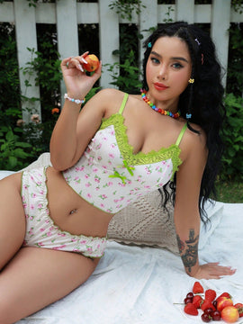 Conjunto De Lenceria De 2 Piezas Para Mujeres: Bralette Estampado Floral Sin Alambre Y Panties Triangulares Con Adornos De Encaje (temporada De Bodas)