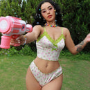 Conjunto De Lenceria De 2 Piezas Para Mujeres: Bralette Estampado Floral Sin Alambre Y Panties Triangulares Con Adornos De Encaje (temporada De Bodas)