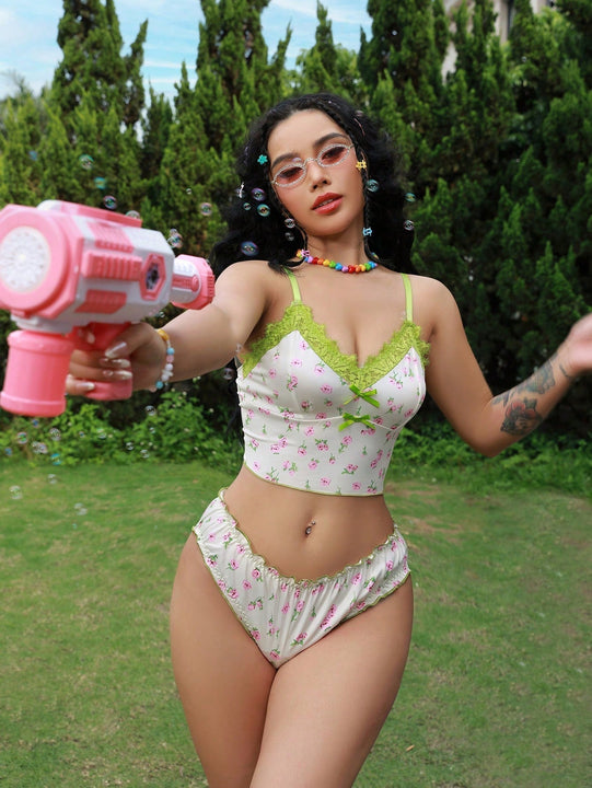 Conjunto De Lenceria De 2 Piezas Para Mujeres: Bralette Estampado Floral Sin Alambre Y Panties Triangulares Con Adornos De Encaje (temporada De Bodas)