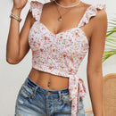 VCAY Blusa corta floral con lazada en la cintura y mangas cortas con volantes para mujer en verano de vacaciones