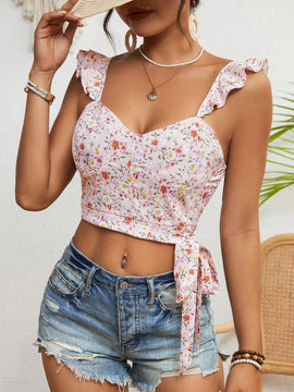VCAY Blusa corta floral con lazada en la cintura y mangas cortas con volantes para mujer en verano de vacaciones