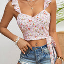 VCAY Blusa corta floral con lazada en la cintura y mangas cortas con volantes para mujer en verano de vacaciones