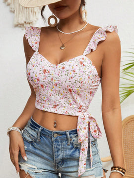 VCAY Blusa corta floral con lazada en la cintura y mangas cortas con volantes para mujer en verano de vacaciones