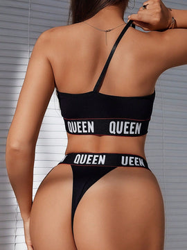 Conjunto de sujetador y bragas elasticos para mujer con correa para el hombro, simple y elegante
