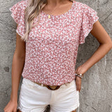 LUNE Camisa de verano con estampado de leopardo para mujer con cuello redondo y mangas con volantes, color caqui