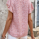 LUNE Camisa de verano con estampado de leopardo para mujer con cuello redondo y mangas con volantes, color caqui