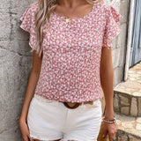 LUNE Camisa de verano con estampado de leopardo para mujer con cuello redondo y mangas con volantes, color caqui