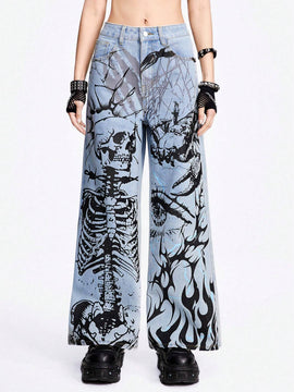 ROMWE Grunge Punk Jeans de mezclilla holgados y de pierna ancha con lavado azul claro en un estilo callejero fresco con patrones impresos de llama, ojo, escorpion, arana, calavera y relampago