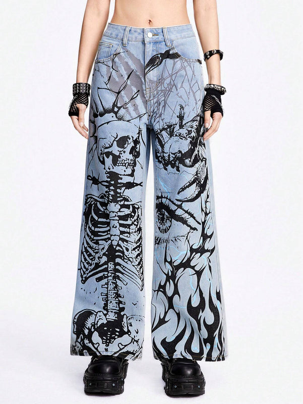 ROMWE Grunge Punk Jeans de mezclilla holgados y de pierna ancha con lavado azul claro en un estilo callejero fresco con patrones impresos de llama, ojo, escorpion, arana, calavera y relampago