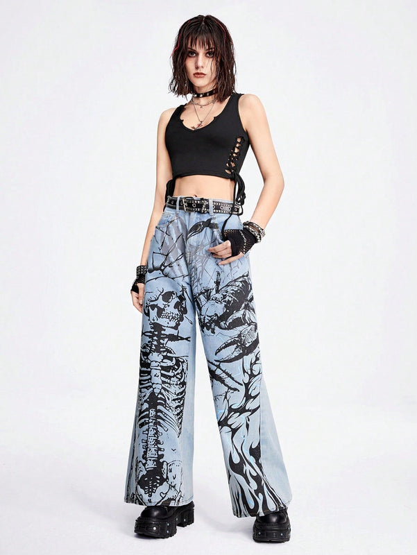 ROMWE Grunge Punk Jeans de mezclilla holgados y de pierna ancha con lavado azul claro en un estilo callejero fresco con patrones impresos de llama, ojo, escorpion, arana, calavera y relampago