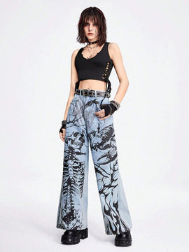 ROMWE Grunge Punk Jeans de mezclilla holgados y de pierna ancha con lavado azul claro en un estilo callejero fresco con patrones impresos de llama, ojo, escorpion, arana, calavera y relampago