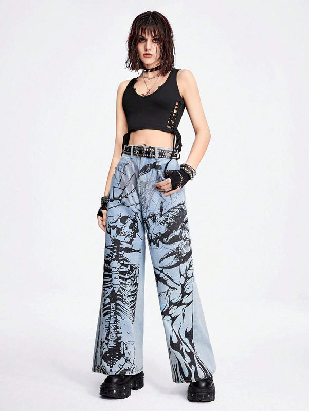 ROMWE Grunge Punk Jeans de mezclilla holgados y de pierna ancha con lavado azul claro en un estilo callejero fresco con patrones impresos de llama, ojo, escorpion, arana, calavera y relampago