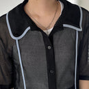 FRIFUL Camisa de malla para mujer con cuello de solapa doblada, huecos en el tejido y bloques de color