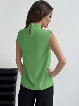 Prive Blusa sin mangas de verano para mujer con decoracion de perlas falsas, cuello de soporte y hombreras