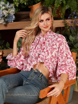Blusa de manga larga y estilo frances para mujer con estampado floral, cuello con lazo, cinturon, dobladillo irregular con volantes, camisa floral
