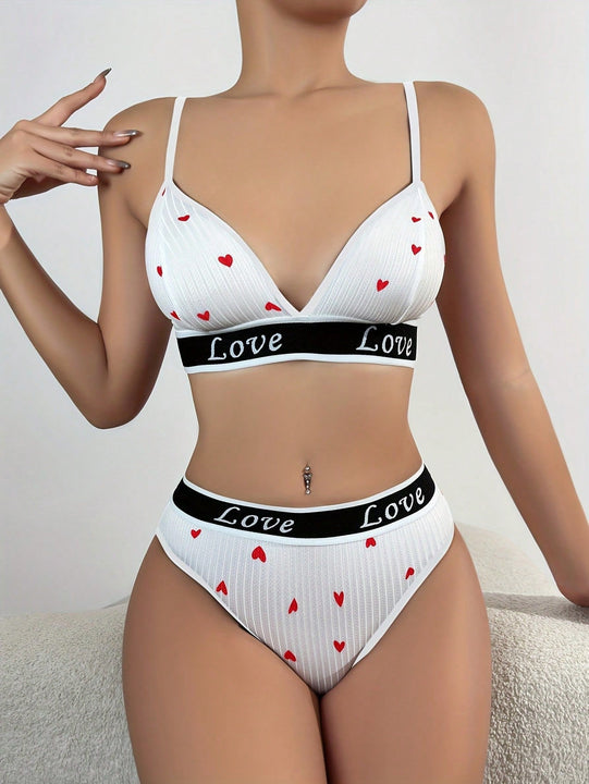 Conjunto de lenceria con estampado de corazon, comodo conjunto de sujetador y braga para verano