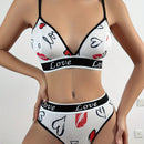 Conjunto de sujetador para mujer, bikini de triangulo comodo y respetuoso con la piel con estampado de letras y labios