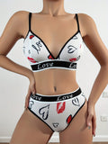 Conjunto de sujetador para mujer, bikini de triangulo comodo y respetuoso con la piel con estampado de letras y labios