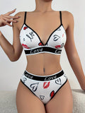Conjunto de sujetador para mujer, bikini de triangulo comodo y respetuoso con la piel con estampado de letras y labios