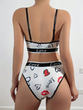 Conjunto de sujetador para mujer, bikini de triangulo comodo y respetuoso con la piel con estampado de letras y labios