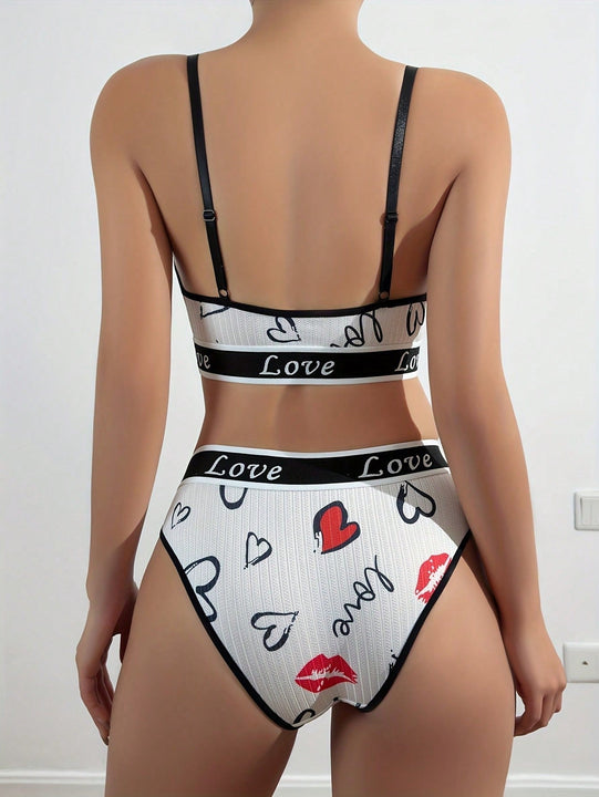 Conjunto de sujetador para mujer, bikini de triangulo comodo y respetuoso con la piel con estampado de letras y labios