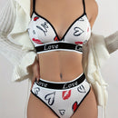 Conjunto de sujetador para mujer, bikini de triangulo comodo y respetuoso con la piel con estampado de letras y labios