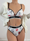 Conjunto de sujetador para mujer, bikini de triangulo comodo y respetuoso con la piel con estampado de letras y labios
