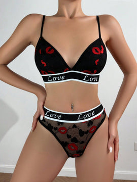 Conjunto de sujetador para mujer, encaje con diseno hueco y estampado de labios, con panty triangular sexy y comodo