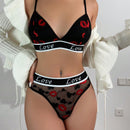Conjunto de sujetador para mujer, encaje con diseno hueco y estampado de labios, con panty triangular sexy y comodo