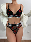 Conjunto de sujetador para mujer, encaje con diseno hueco y estampado de labios, con panty triangular sexy y comodo