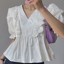 NEW DAZY Blusa de cuello en V con encaje y ribete de volantes, de color puro y con parches para mujer