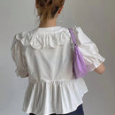 NEW DAZY Blusa de cuello en V con encaje y ribete de volantes, de color puro y con parches para mujer