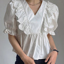 NEW DAZY Blusa de cuello en V con encaje y ribete de volantes, de color puro y con parches para mujer