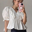 NEW DAZY Blusa de cuello en V con encaje y ribete de volantes, de color puro y con parches para mujer