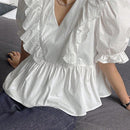 NEW DAZY Blusa de cuello en V con encaje y ribete de volantes, de color puro y con parches para mujer