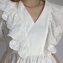 NEW DAZY Blusa de cuello en V con encaje y ribete de volantes, de color puro y con parches para mujer