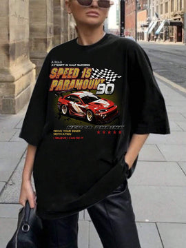 Coolane Camiseta informal de verano con mangas cortas y estampado de eslogan de automovil en tamano grande