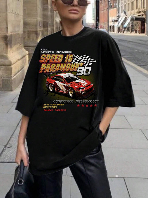 Coolane Camiseta informal de verano con mangas cortas y estampado de eslogan de automovil en tamano grande