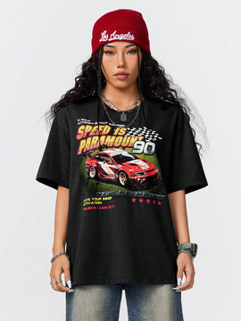 Coolane Camiseta informal de verano con mangas cortas y estampado de eslogan de automovil en tamano grande