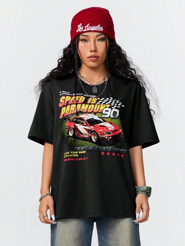 Coolane Camiseta informal de verano con mangas cortas y estampado de eslogan de automovil en tamano grande